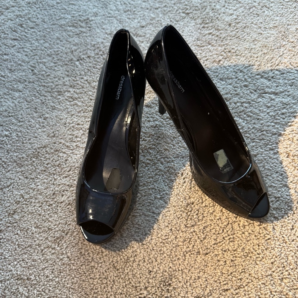 Dressbarn Faux Patent Leather Black Open Toe High Heels Pumps Size 8